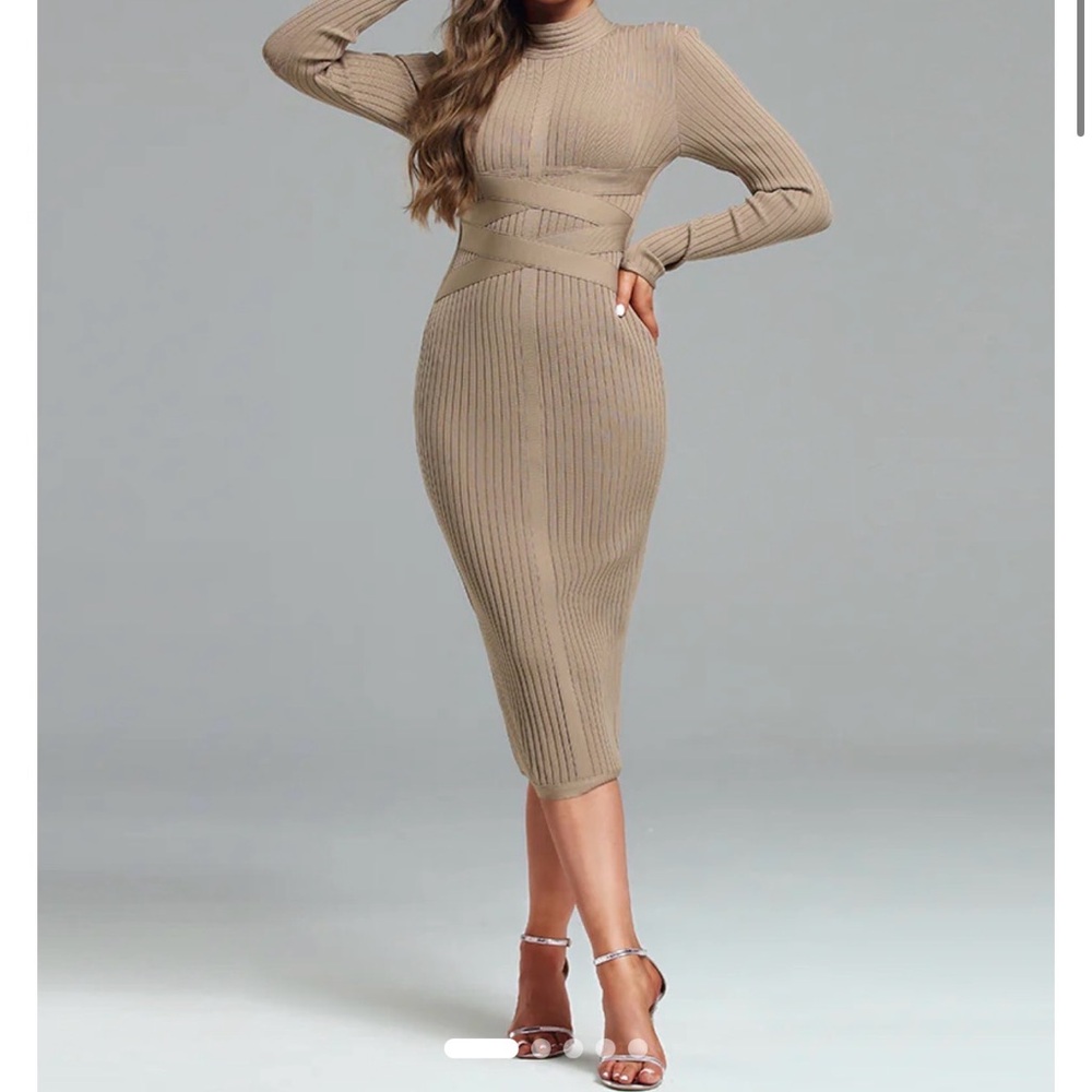 Elegant Tan Ribbed Knit Dress